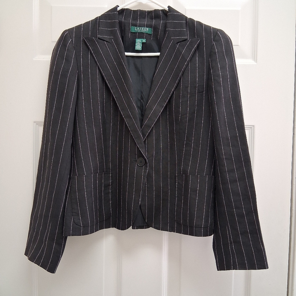 Lauren Ralph Lauren Petite 100% Linen Blazer Jacket Pinstripe Academia Black 10P